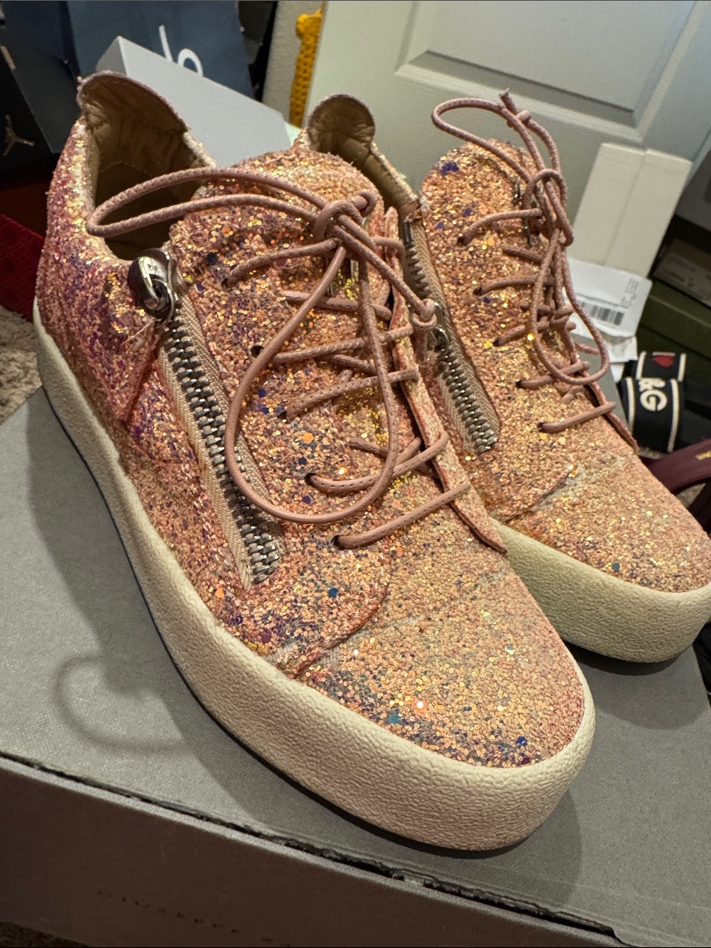 Giuseppe Zanotti Glitter Lace-Up Sneakers in Rose Gold